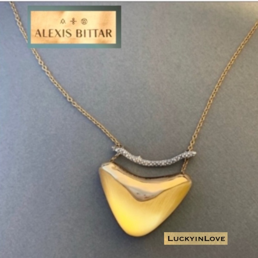 ALEXIS BITTAR NEW Gold Lucite Pavé Swarovski Crystal Bar Shield Pendant Necklace